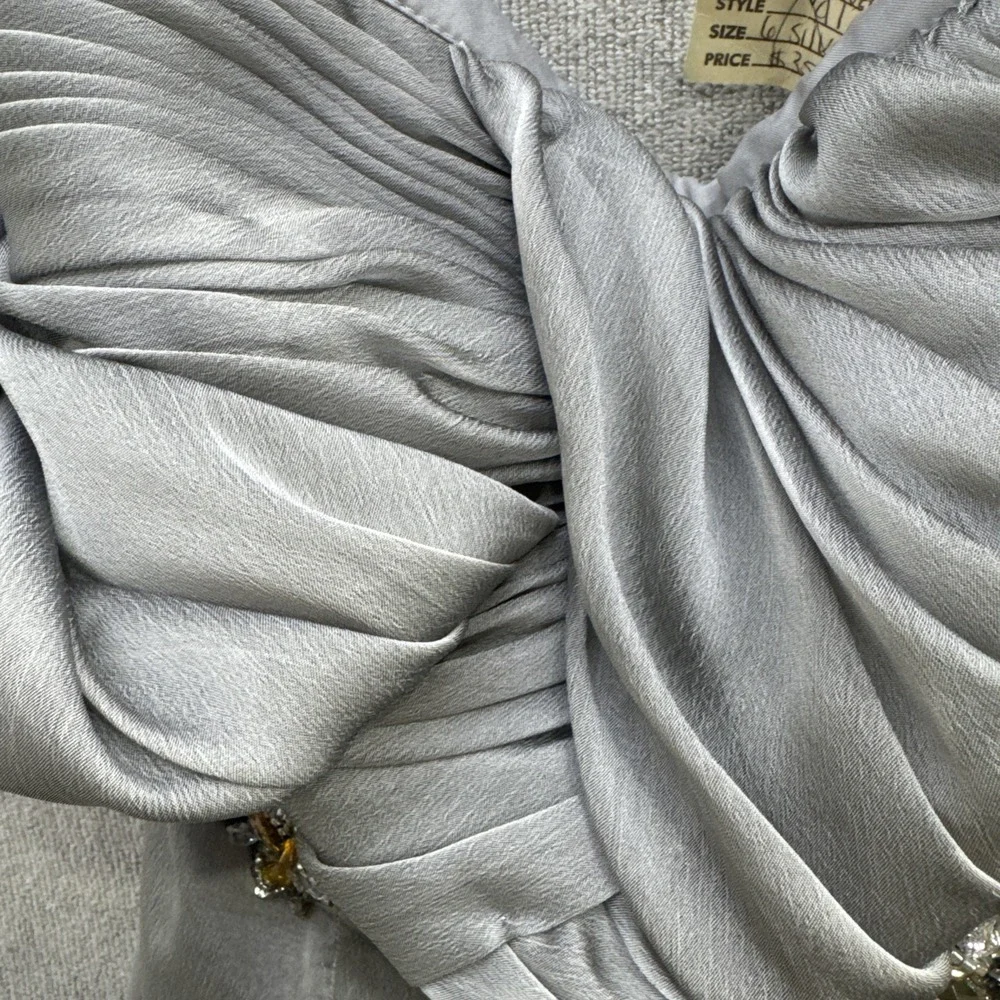 Silver Beaded Gown Sz‎ 6 Y2K Ruched Bodice Evening Dress Formal Glam - Picture 8 of 16